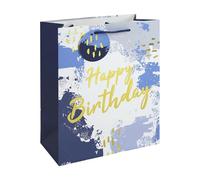Eurowrap Happy Birthday Large Gift Bag - Blue & White Paint Splash Design with Foil Finish, White Kraft Paper & Paper Woven Handles - Birthday Gift Packaging for Men & Boys