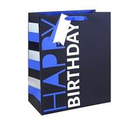 Eurowrap Happy Birthday Large Gift Bag - Bold Blue Present Bag with Vertical Text, Foil Finish & Grosgrain Ribbon Handles - Birthday Gift Packaging for Men & Boys
