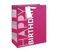 Eurowrap Happy Birthday Large Gift Bag - Hot Pink Present Bag with Vertical Lettering, Foil Finish & Grosgrain Ribbon Handles - Birthday Gift Packaging for Girls & Women