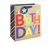 Eurowrap Happy Birthday Large Gift Bag - Kraft Present Bag with Colourful Lettering & Stars, Grosgrain Ribbon Handles - Birthday Gift Packaging for Girls, Women, Men & Boys