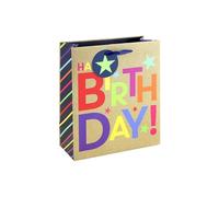 Eurowrap Happy Birthday Medium Gift Bag - Kraft Present Bag with Colourful Lettering & Stars, Grosgrain Ribbon Handles - Birthday Gift Packaging for Girls, Women, Men & Boys