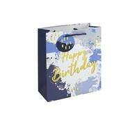 Eurowrap Happy Birthday Medium Gift Bags Pack of 6 - Blue & White Paint Splash Design with Foil Finish, White Kraft Paper & Paper Woven Handles - Birthday Gift Packaging for Men & Boys