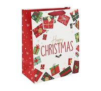 Eurowrap Happy Christmas with Present Design Gift Bag with Gift Tag - Large - Red/Green/White - Gift Bag for Christmas, Gift Wrap, Christmas Wrapping Paper, Xmas, Festive Gift Bag