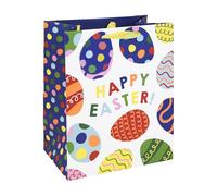 Eurowrap Happy Easter Large Gift Bag with Colourful Egg Design, Wide Gusset Gift Bag with Ribbon Handles, Neon and Spot UV Finish for Chocolate Eggs and Easter Treats