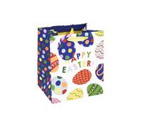Eurowrap Happy Easter Medium Gift Bag with Colourful Egg Design, Wide Gusset Gift Bag with Ribbon Handles, Neon and Spot UV Finish for Chocolate Eggs and Treats