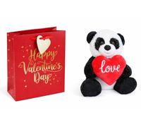 Eurowrap Happy Valentines Day Paper Gift Bag Medium Size and Plush Panda Teddy Bear Toy Bundle - Perfect for Valentines Day, Gifts, Birthdays, Christmas, Loved Ones