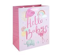 Eurowrap Hello Baby Girl Pink Large Gift Bag with Foil Detail, Ribbon Handle and Gift Tag, New Baby Girl Present for Baby Shower and New Parents