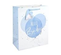 Eurowrap Hello Baby Large Gift Bag - Blue Balloon Baby Boy Present Bag with Foil Finish, White Kraft Paper & Paper Woven Handles - New Baby Shower & Christening Gift Packaging
