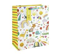 Eurowrap Hello Baby Large Gift Bag - Colourful New Baby Gift Bag with Animals & Rainbows, White Kraft Paper, Foil Print & Satin Twisted Ribbon Handles - Premium Baby Shower Packaging