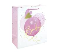 Eurowrap Hello Baby Large Gift Bag - Pink Balloon Baby Shower Present Bag with Foil Finish, White Kraft Paper & Paper Woven Handles - Premium New Baby Girl Gift Packaging