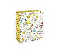 Eurowrap Hello Baby Medium Gift Bag - Colourful New Baby Gift Bag with Animals & Rainbows, White Kraft Paper, Foil Print & Satin Twisted Ribbon Handles - Premium Baby Shower Packaging
