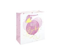 Eurowrap Hello Baby Medium Gift Bag - Pink Balloon Baby Shower Present Bag with Foil Finish, White Kraft Paper, Paper Woven Handles & Tag - Premium New Baby Girl Gift Packaging