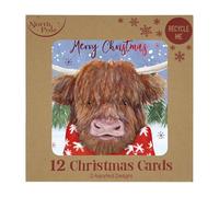 Eurowrap Highland Cow 12 Pack White Kraft Christmas Cards - 2 Assorted Festive Designs - 14 x 14 cm - Eco-Friendly & Recyclable