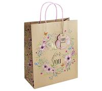 Eurowrap Just for You Brown Kraft Paper Gift Bag 100% Recyclable with Flower Gift Tag Large Size Spring Birthday Mothers Day Easter Valentines