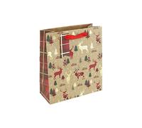 Eurowrap Kraft Christmas Stag Tartan Gift Bag with Tartan Gift Tag Xmas, 100% Recyclable, Medium Size