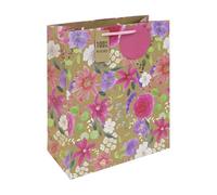 Eurowrap Large Brown Kraft Paper Floral Gift Bag - Floral Print Gift Bag with Woven Handle - Perfect for Mother's Day, Birthdays & Special Occasions
