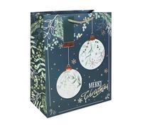 Eurowrap Large Christmas Bauble Gift Bag - Festive Greenery & Snowflake Design with Gold Foil Detail - Rope Handle - Recyclable Paper Bag for Wrapping Presents