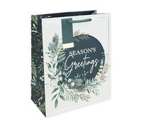 Eurowrap Large Christmas Botanical Wreath Gift Bag - Green & White Seasonal Design with Gold Foil - Ribbon Handle - Recyclable Paper Bag for Festive Wrapping