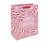 Eurowrap Large Christmas Candy Cane Gift Bag - Pink Xmas Present Bag with Red & White Candy Cane Pattern - Red Ribbon Handle - Recyclable Paper Bag for Festive Wrapping