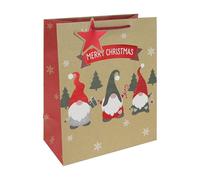 Eurowrap Large Christmas Gonk Gift Bag - Kraft Design with Three Festive Gonks, Red Star & Snowflakes - Rope Handle - Recyclable Paper Bag for Wrapping Presents