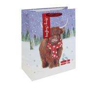 Eurowrap Large Christmas Highland Cow Gift Bag - Festive Winter Scene with Red Scarf & Presents - Red Ribbon Handle - Recyclable Paper Bag for Seasonal Wrapping