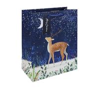 Eurowrap Large Christmas Magical Deer Gift Bag - Xmas Present Bag with Night Sky Winter Scene, Moon & Snow - Navy Ribbon Handle - Recyclable Paper Bag for Wrapping