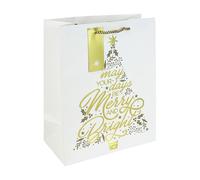 Eurowrap Large Christmas Merry & Bright Tree Gift Bag - Gold Foil Present Bag with Festive Tree Artwork - Twisted Rope Handle - Recyclable Paper for Seasonal Wrapping