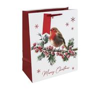 Eurowrap Large Christmas Robin Gift Bag - Festive Holly & Red Berry Watercolour Design with Snowflakes - Red Ribbon Handle - Recyclable Paper Bag for Wrapping Presents