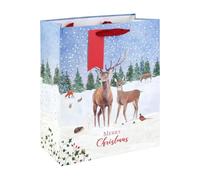 Eurowrap Large Gift Bag, Winter Deer, White Kraft, Christmas | FSC paper bag with grosgrain handle, foil finish and present gift tag