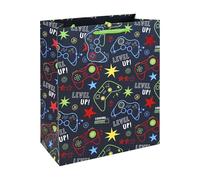 Eurowrap Level Up Large Gift Bag - Gaming Present Bag with Neon Controller Artwork, Foil Finish, Ribbon Handles & Gift Tag - Birthday & Celebration Gift Packaging for Gamers