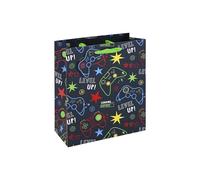 Eurowrap Level Up Medium Gift Bags Pack of 3 - Gaming Present Bags with Neon Controller Artwork, Foil Finish, Ribbon Handles & Gift Tags - Birthday & Celebration Packaging for Parties