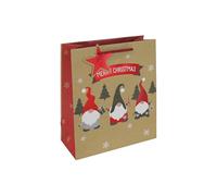 Eurowrap Medium Christmas Gonk Gift Bag - Kraft Design with Three Festive Gonks, Red Star & Snowflakes - Rope Handle - Recyclable Paper Bag for Wrapping Presents