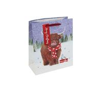 Eurowrap Medium Christmas Highland Cow Gift Bag - Festive Winter Scene with Red Scarf & Presents - Red Ribbon Handle - Recyclable Paper Bag for Seasonal Wrapping