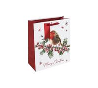 Eurowrap Medium Christmas Robin Gift Bag - Festive Holly & Red Berry Watercolour Design with Snowflakes - Red Ribbon Handle - Recyclable Paper Bag for Wrapping Presents