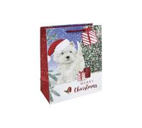 Eurowrap Medium Christmas Westie Dog Gift Bag - Festive Winter Scene with Presents - Red Ribbon Handle - Recyclable Paper Bag