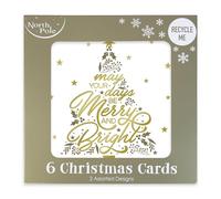 Eurowrap Merry and Bright Christmas Cards - 6 Pack - Elegant Gold Foil Tree Design with Festive Stars - 2 Assorted Designs - Recyclable Holiday Greeting Cards