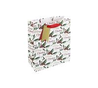 Eurowrap Merry Christmas Holly Script White Textured Kraft Gift Bag with Gift Tag Xmas, Medium Size