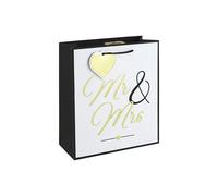 Eurowrap Mr & Mrs Medium Gift Bag - Black & White Wedding Present Bag with Embossed Foil, Textured White Kraft Paper & Paper Woven Handles - Wedding & Gift For Anniversary