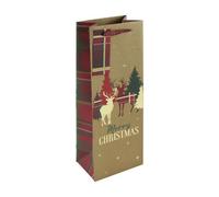 Eurowrap Pack Of 12 Christmas Kraft Stag Tartan Text Bottle Gift Bags