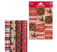 Eurowrap Pack of 4 Rolls Sim Kraft Wrapping Paper with 32 Matching Labels - Brown Recyclable Wrapping Paper with Red and Green Festive Designs