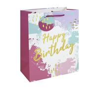 Eurowrap Pink Abstract Happy Birthday Large Gift Bag - Pink Present Bag with Foil Finish, White Kraft Paper & Paper Woven Handles - Birthday Gift Packaging for Girls & Women