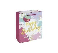 Eurowrap Pink Abstract Happy Birthday Medium Gift Bag - Pink Present Bag with Foil Finish, White Kraft Paper & Paper Woven Handles - Birthday Gift Packaging for Girls & Women