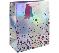 Eurowrap Silver Holographic Polka Dot Bag with Tag - Colourful Spot Design with Ribbon Handle - Reusable Medium Size Paper Packaging for Special Occasions