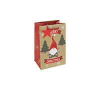 Eurowrap Small Christmas Gonk Gift Bag - Kraft Design with Red Star, Santa Hat & Festive Trees - Rope Handle - Recyclable Paper Bag for Wrapping Presents