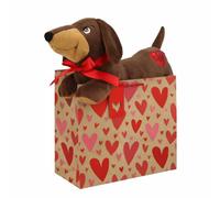 Eurowrap Valentine’s Day Large Gift Bag and Plush Sausage Dog Bundle 100% Recyclable Brown Kraft Present Bag with Hearts and Cute Brown Dachshund Teddy with Red Bow Gift for Anniversaries & Loved Ones