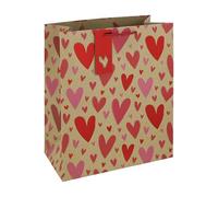 Eurowrap Valentine’s Day Large Gift Bag - Brown Kraft Present Bag with Hearts, Foil Finish, Red Cut-Out Tag & Woven Handle - 100% Recyclable Gift Packaging for Valentine’s Day & Anniversaries