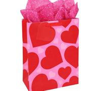Eurowrap Valentines Day Large Gift Bag and Tissue Paper Bundle - Includes Pink & Red Hearts Design with Red Heart Tag, Grosgrain Handle, Spot UV & Neon Finish & 6 Sheets of Glitter Tissue Paper