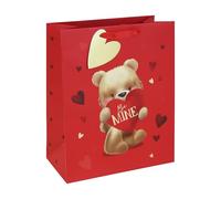Eurowrap Valentines Day Large Gift Bag - Be Mine Teddy Bear Present Bag with Gold Heart Tag, Foil Finish & Grosgrain Handles - Premium Red Packaging for Valentine’s, Anniversaries, Birthdays & Romance