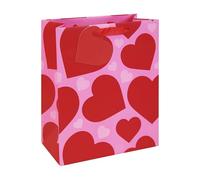 Eurowrap Valentines Day Large Gift Bag - Pink & Red Hearts Design with Red Heart Tag - Grosgrain Handle, Spot UV & Neon Finish - Perfect for Romantic Gifts & Special Occasions