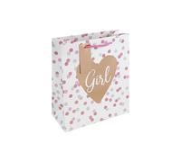 Eurowrap White Kraft Paper It's a Girl Gift Bag With Gift Tag - Gift Bag for New Baby, Baby Shower, Newborn - Eco Friendly Bag 100% Recyclable - Baby Girl Gift Wrap Occasion Present - Medium Size